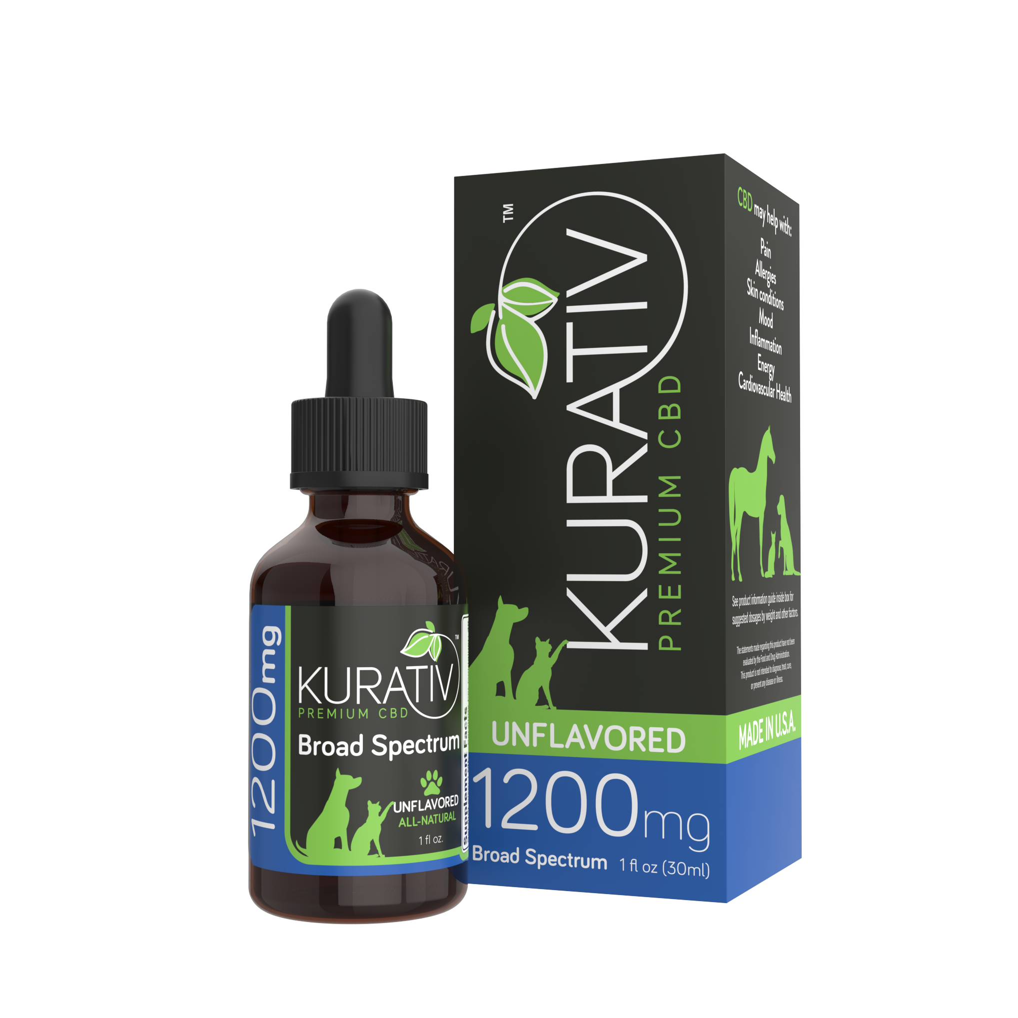 Kurativ Broad Spectrum Pet CBD Oil 1200mg – THC-free hemp oil for dogs, cats, and horses