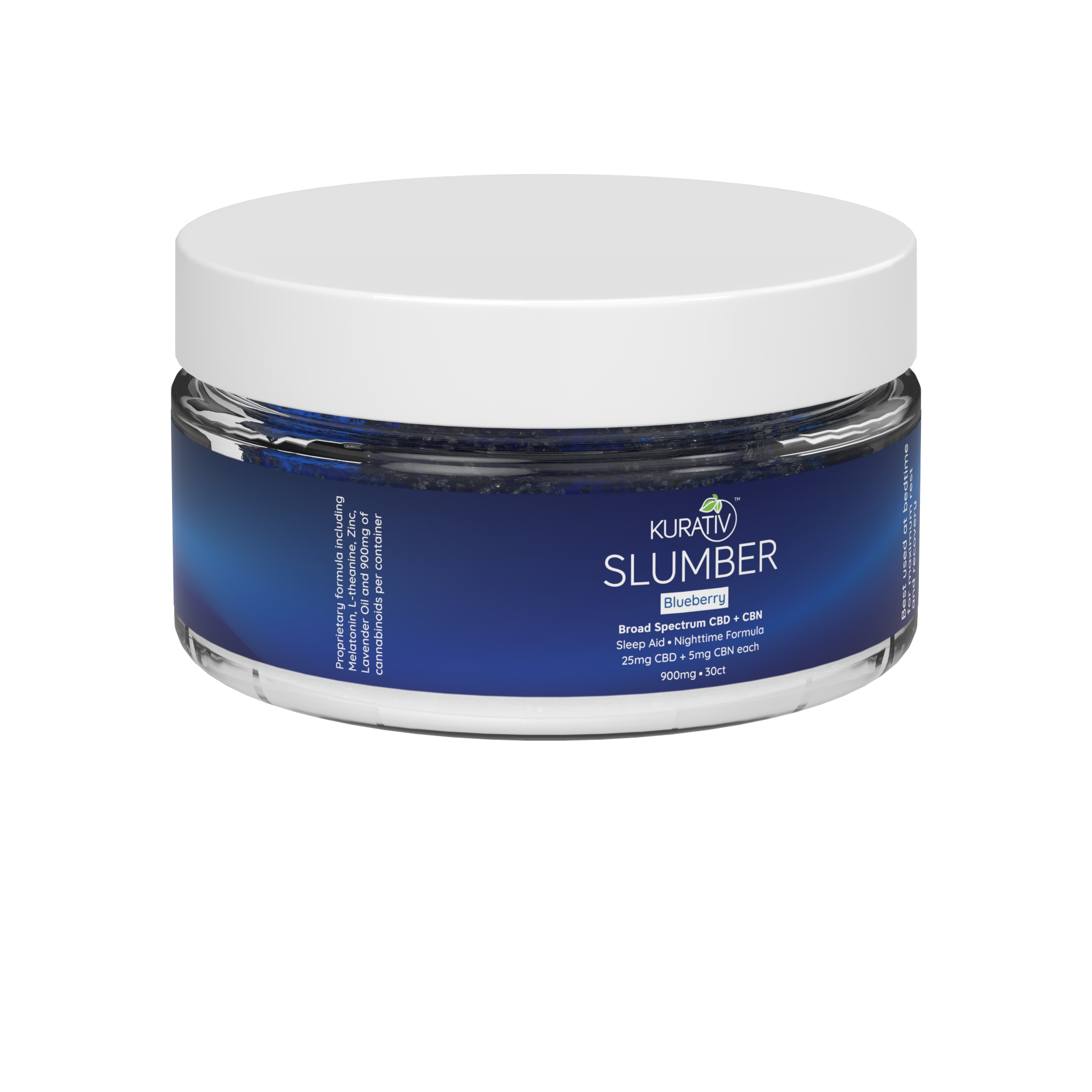 Kurativ Slumber Broad Spectrum THC-Free CBD + CBN Blueberry Gummies – jar label detail
