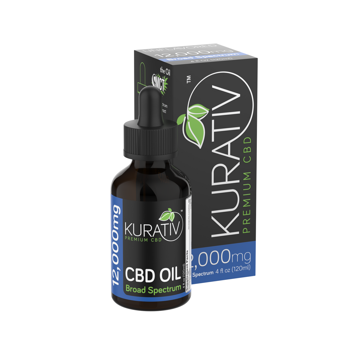 Kurativ Broad Spectrum CBD Oil 12000mg bottle in front of packaging