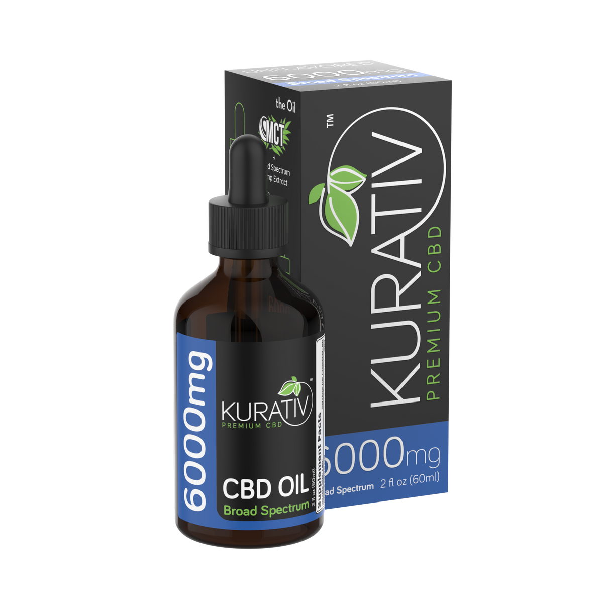 Kurativ Broad Spectrum CBD Oil 6000mg bottle in front of packaging