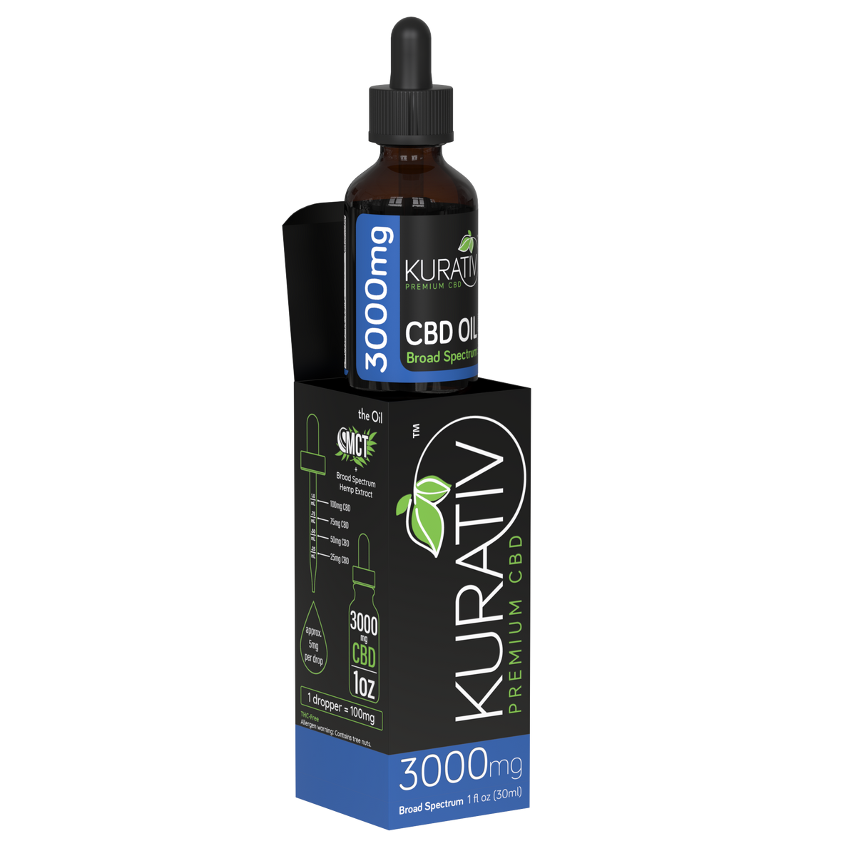 Kurativ Broad Spectrum CBD Oil 3000mg single bottle and box