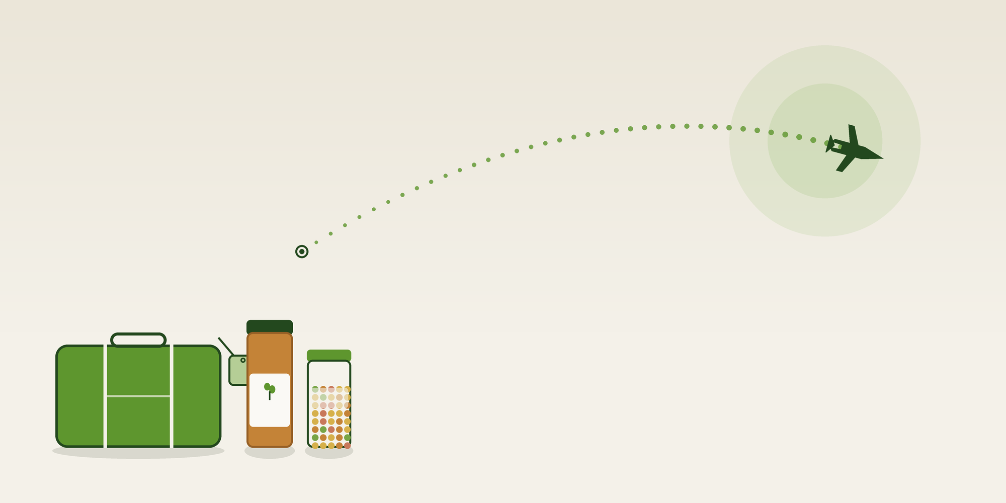 Illustration of a suitcase, Kurativ CBD oil bottle, and CBD gummies with a dotted flight path and airplane, representing traveling with CBD