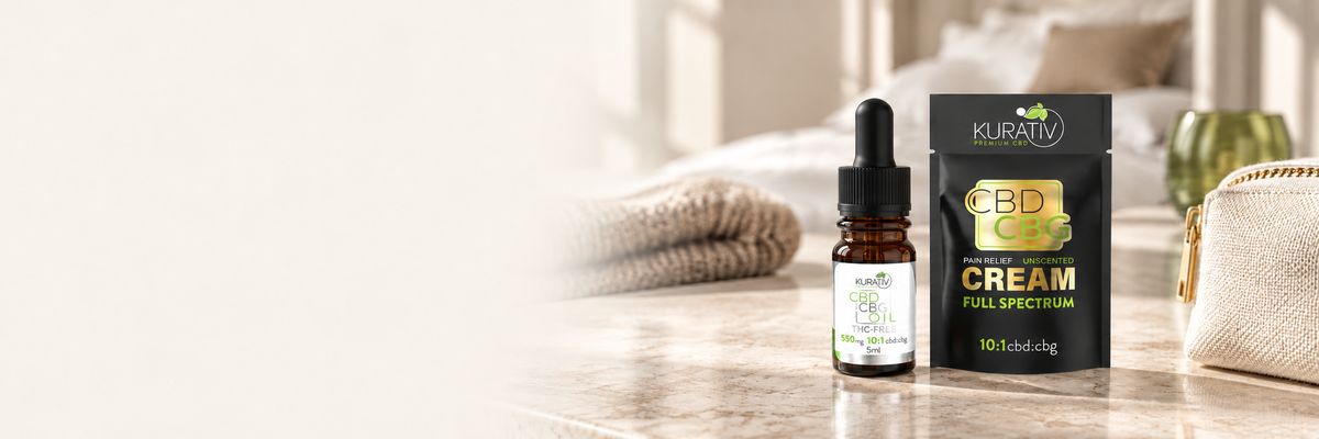 Kurativ Premium CBD THC-free CBG sample oil and full-spectrum CBG sample cream beside a linen travel pouch