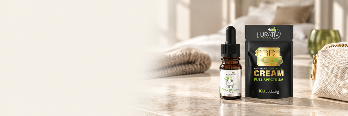 Kurativ THC-free CBG oil in a 5ml bottle and full-spectrum CBG sample cream beside a linen travel pouch