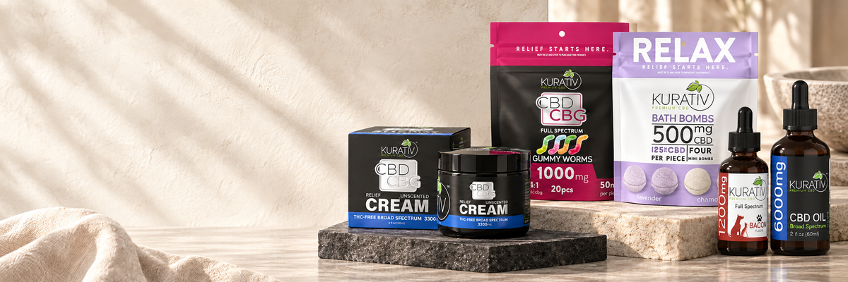 Kurativ CBG gummies, boxed broad-spectrum cream, CBD bath bombs, full-spectrum pet CBD oil, and broad-spectrum CBD oil