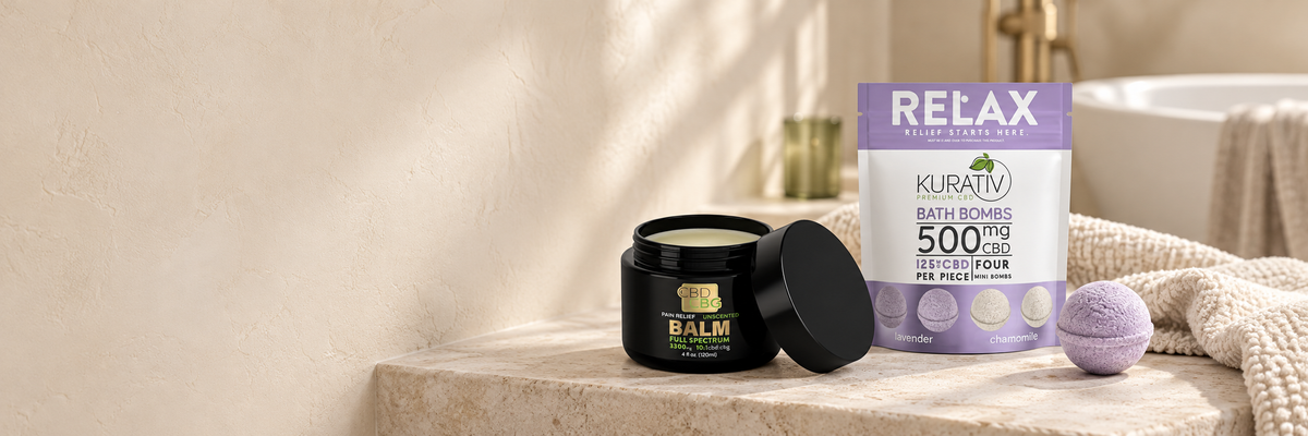 Kurativ full-spectrum CBD CBG balm and lavender and chamomile CBD bath bombs in a spa setting