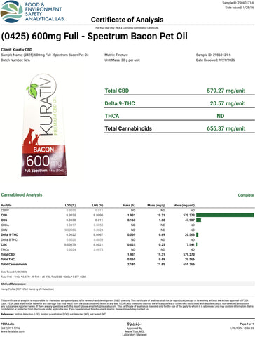 Lab Result 1 for Pet CBD Oil 600mg - Available in Multiple Flavors