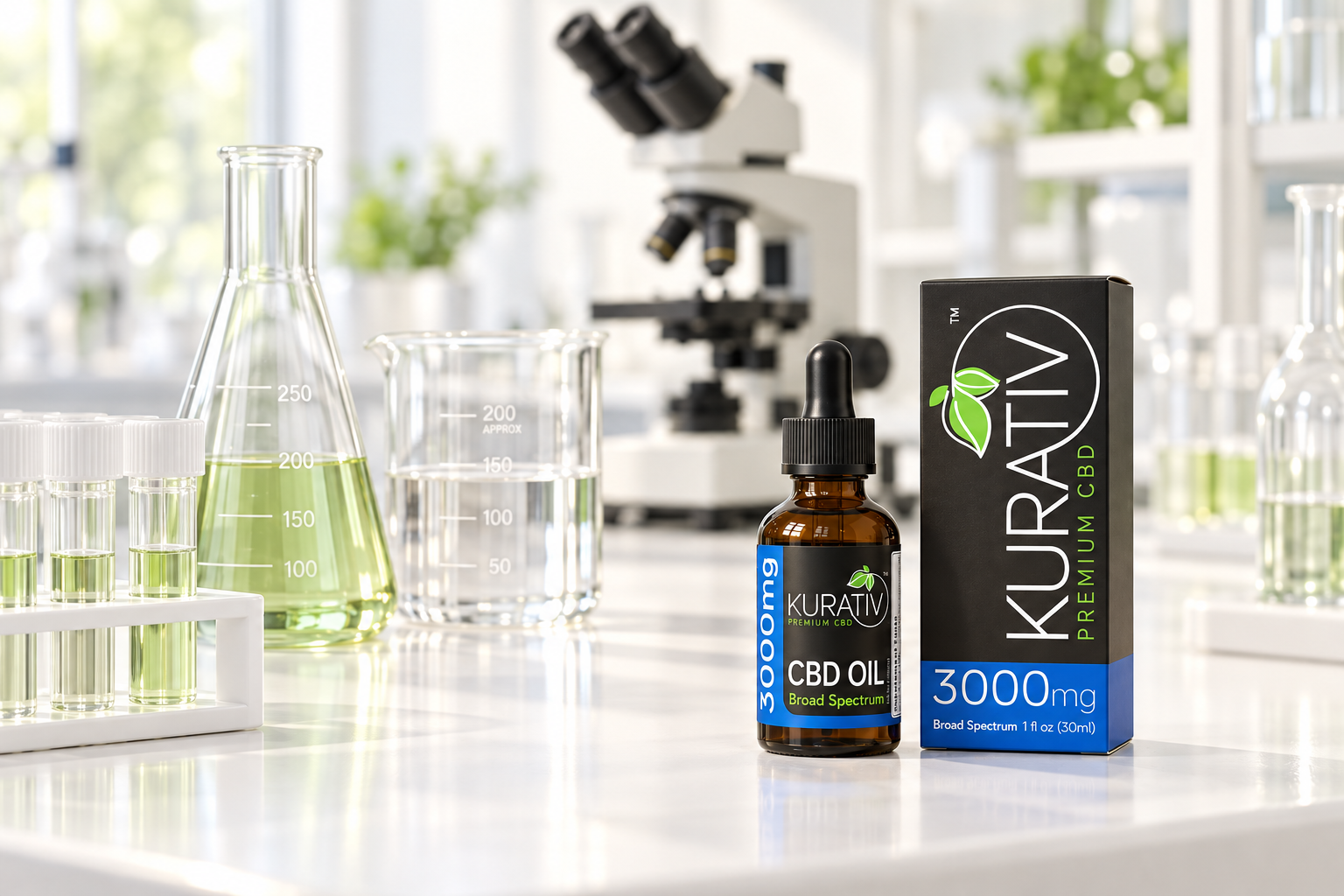 Kurativ Premium CBD broad-spectrum oil with laboratory glassware and a microscope in a bright illustrative lab setting