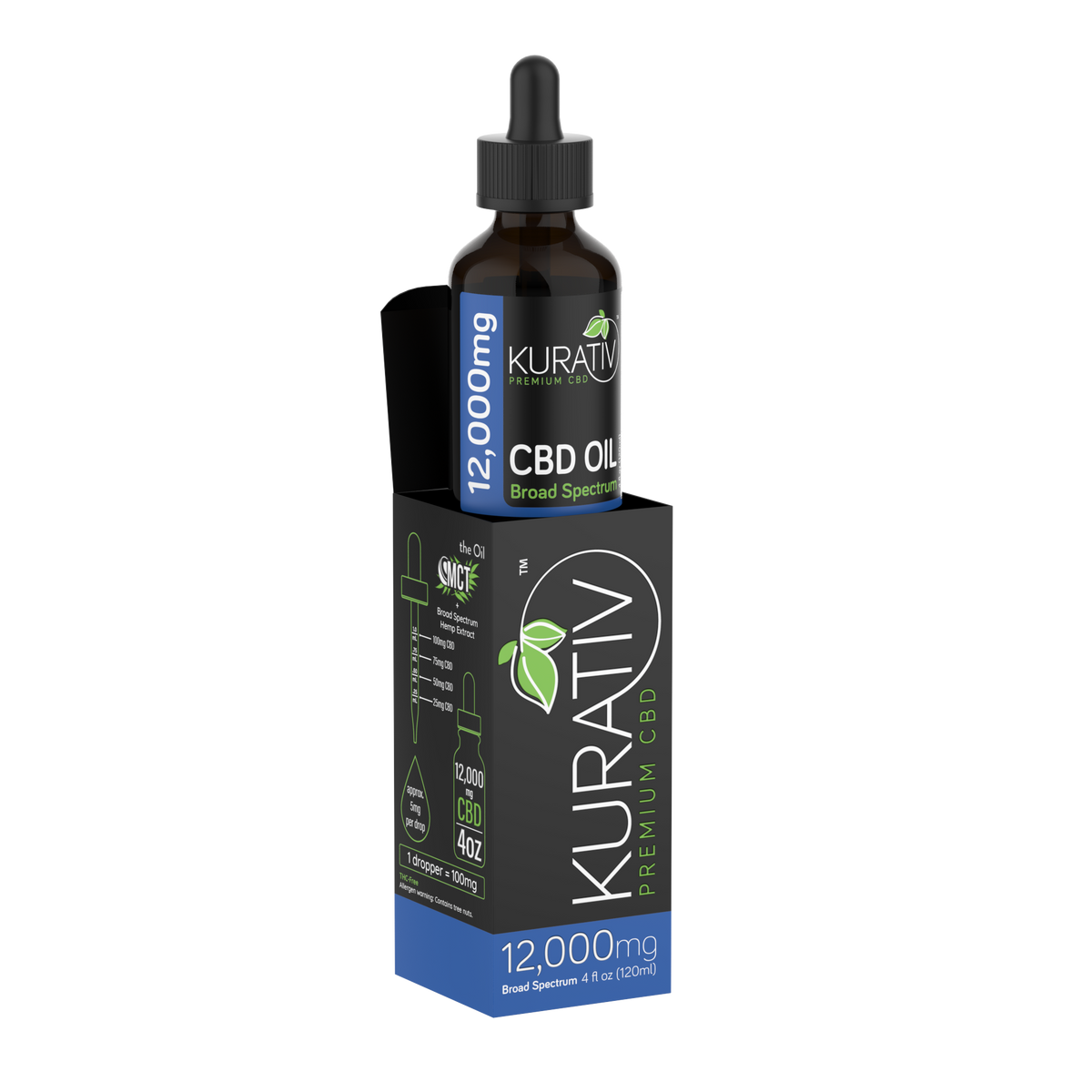 Kurativ Broad Spectrum CBD Oil 12000mg single bottle and box
