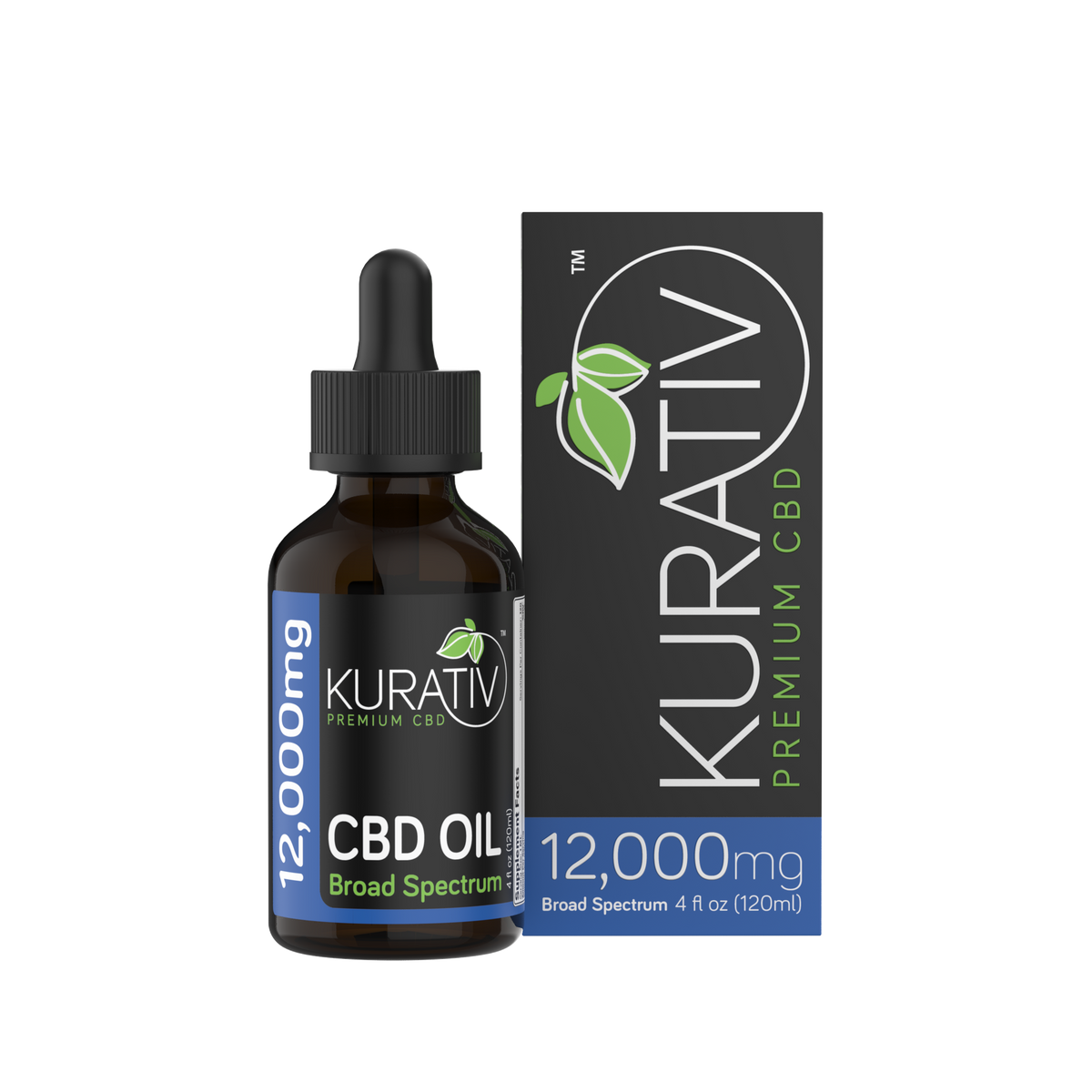 Kurativ Broad Spectrum CBD Oil 12000mg THC-free bottle with box