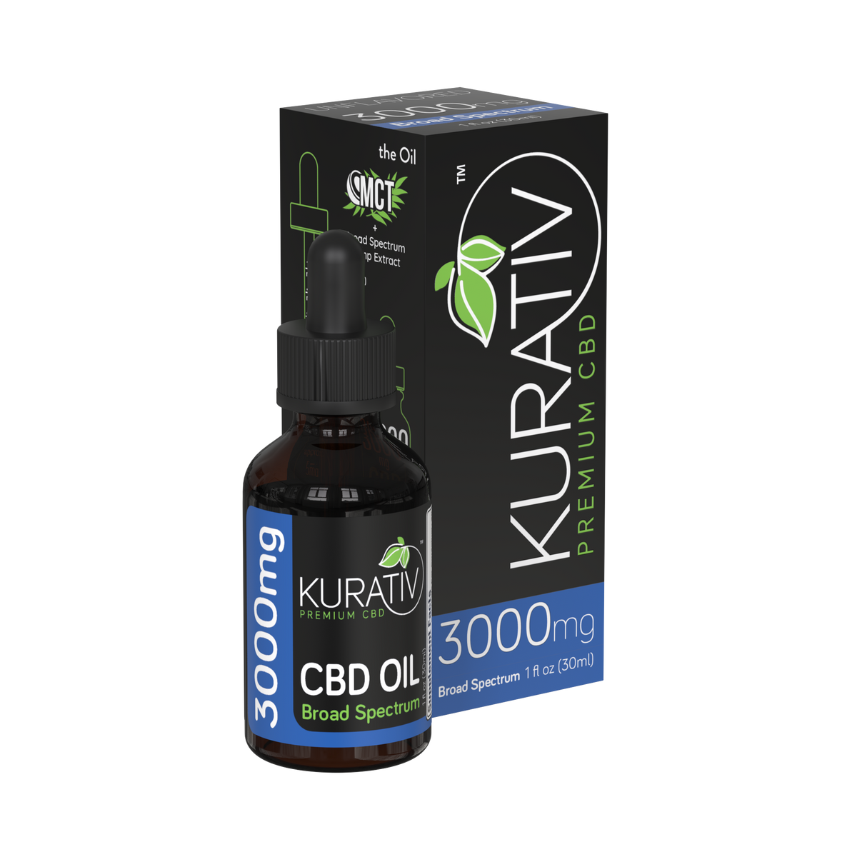 Kurativ Broad Spectrum CBD Oil 3000mg bottle in front of packaging