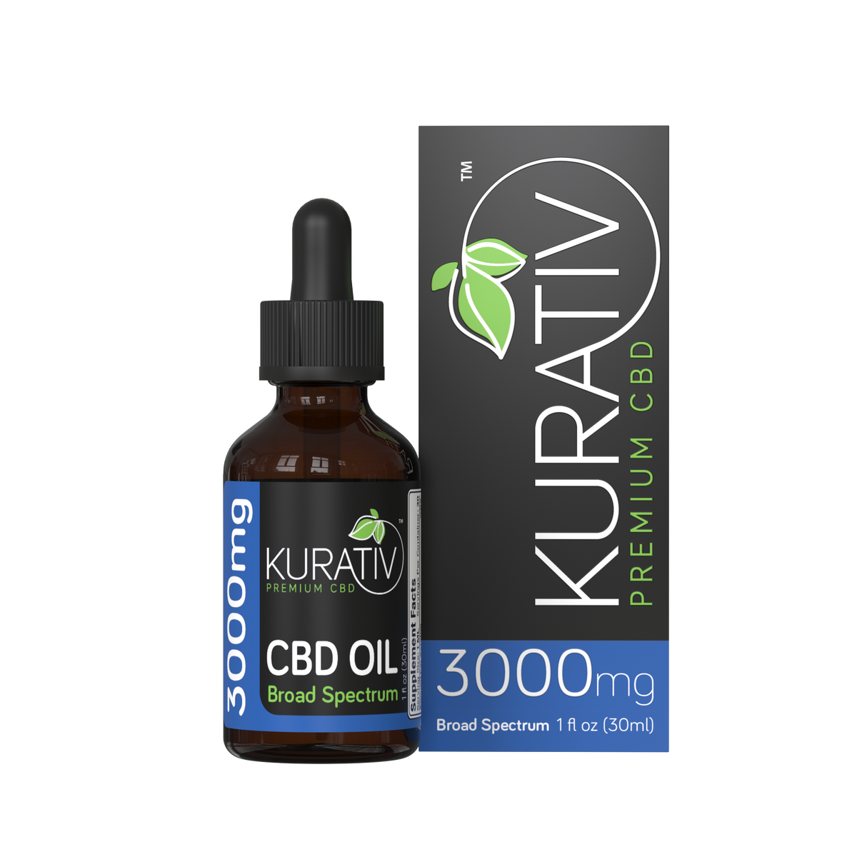 Kurativ Broad Spectrum CBD Oil 3000mg THC-free bottle with box